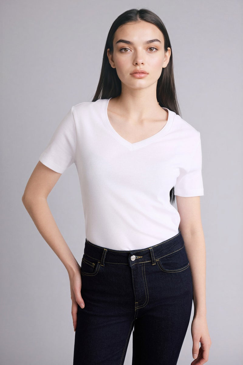 DeFacto White Woman Slim Fit V-Neck Basic Ribbed T-Shirt Casual - Image 3